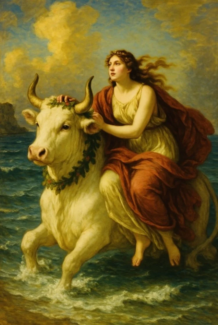 Europa daughter of Phoenicia riding a white bull.