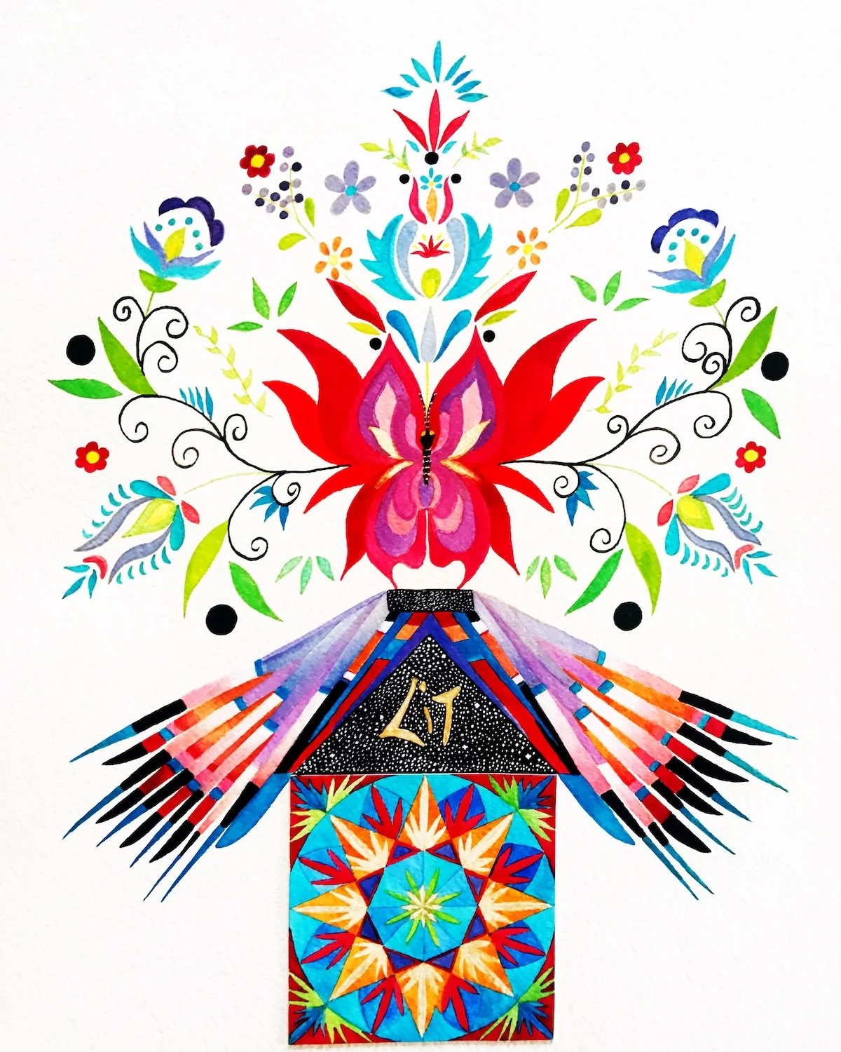 Temple Lah Artist Leesa Maree art. Colorful patterns of flowers with butterfly and sacred geometry.