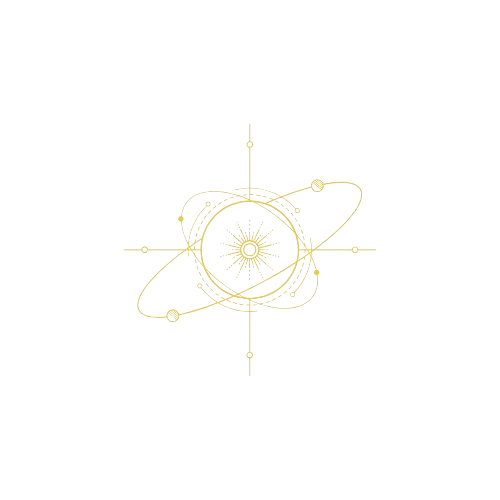 A celestial-themed intricate gold design resembling an eye with surrounding planetary and star-like elements on a black background.