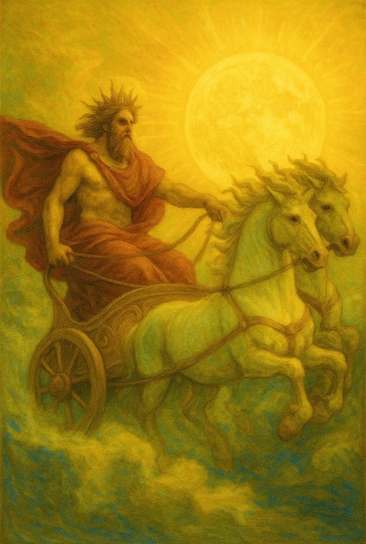 Leto on chariot driven by white horses lit up by the blazing sun.