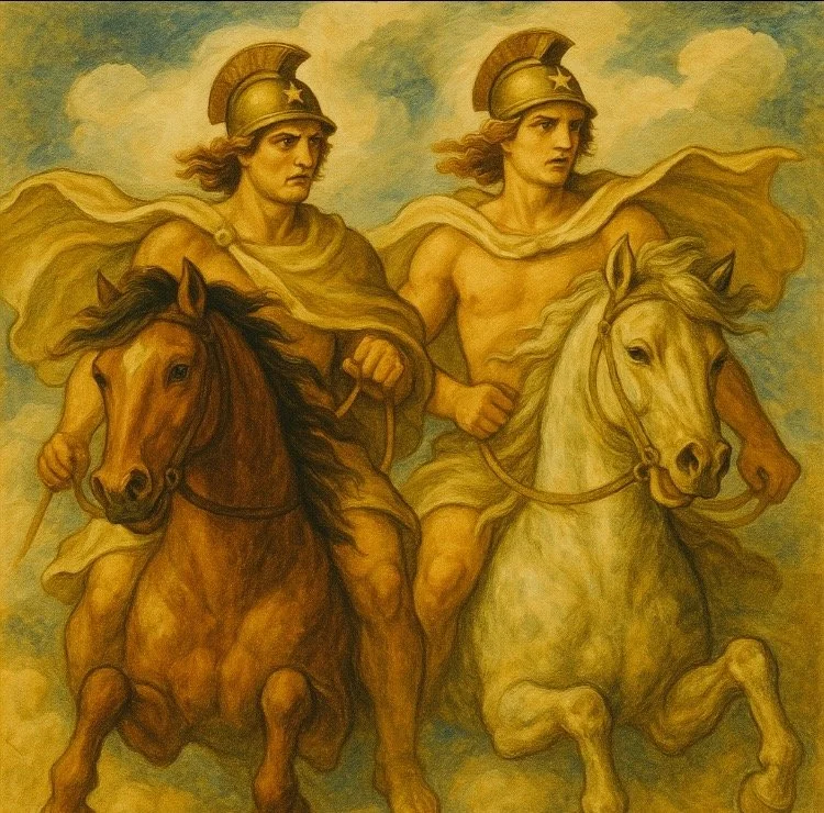 Castor and Pollux on horses ready to battle.