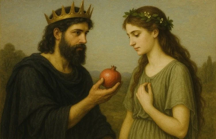 Hades offering Persephone a pomegranite.