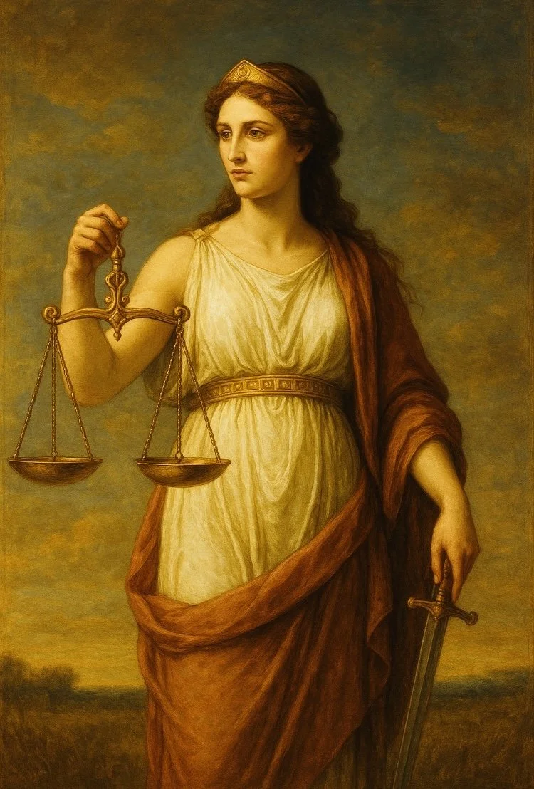 Dike with her scales and sword.