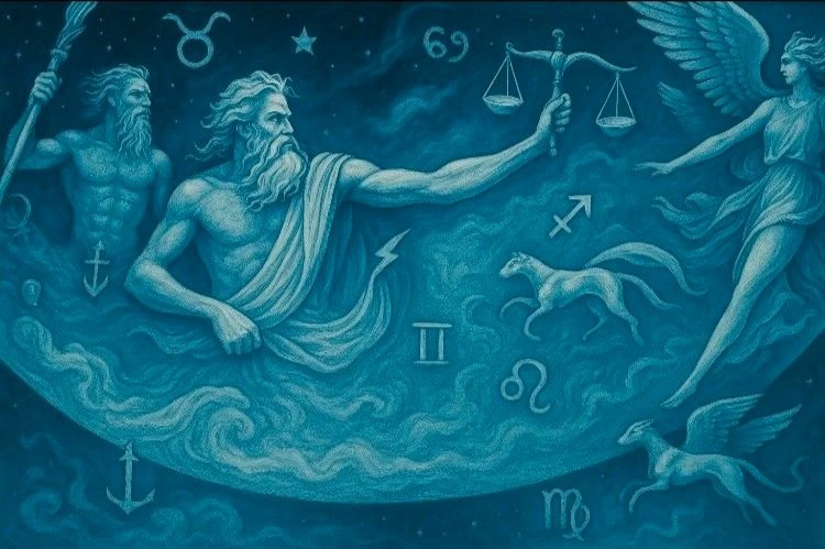 An artistic depiction of Greek gods representing time, astronomy, and astrology, with zodiac signs and celestial symbols in the background.