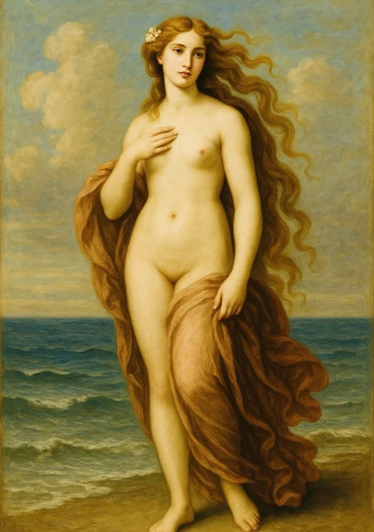 Libra goddess in front of ocean.