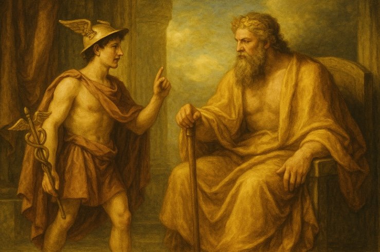 Zeus and Hermes in discussion.