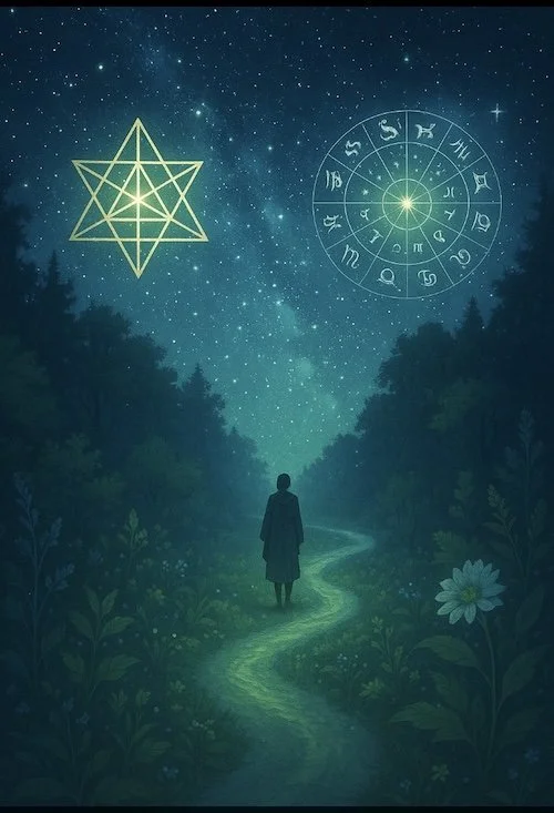 Starry night with female walking a starlit path.