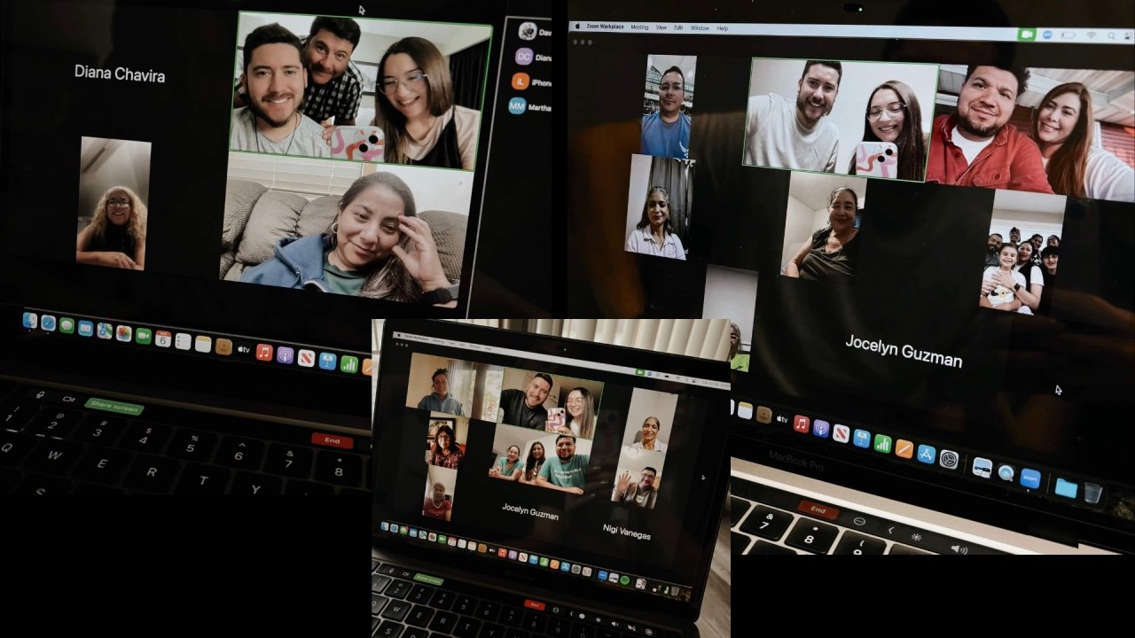 Screenshots of a virtual video conference with multiple participants displayed on a MacBook laptop.