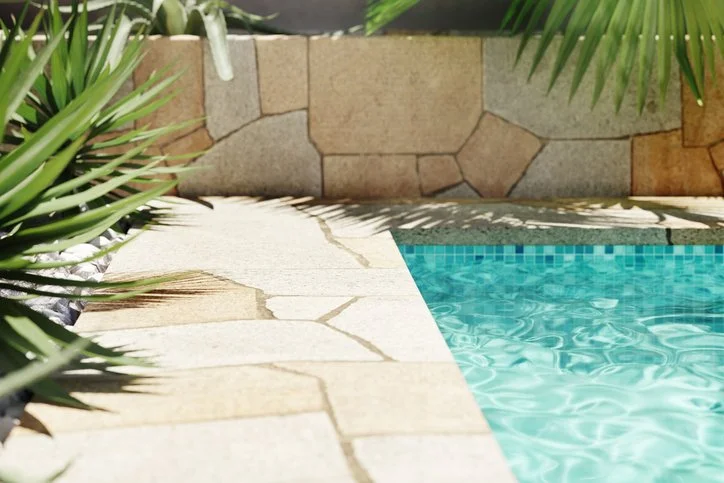 Swimming pool with blue water and surrounding stone patio, with green plants and a stone wall in the background.