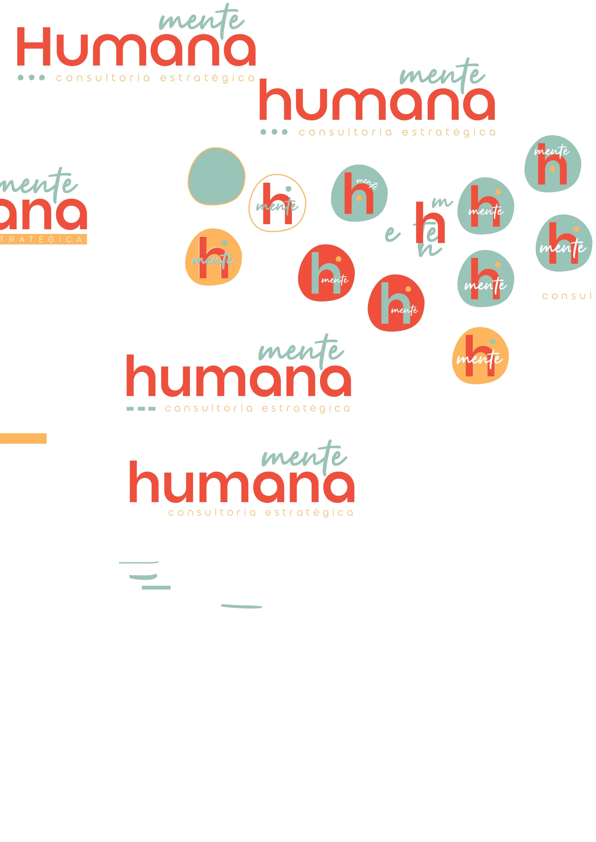Varias versiones del logotipo de 'Mente Humana', una consultoría estratégica, en diferentes tamaños y estilos, incluyendo iconos circulares con la letra 'h' y la palabra 'mente' en cursiva.