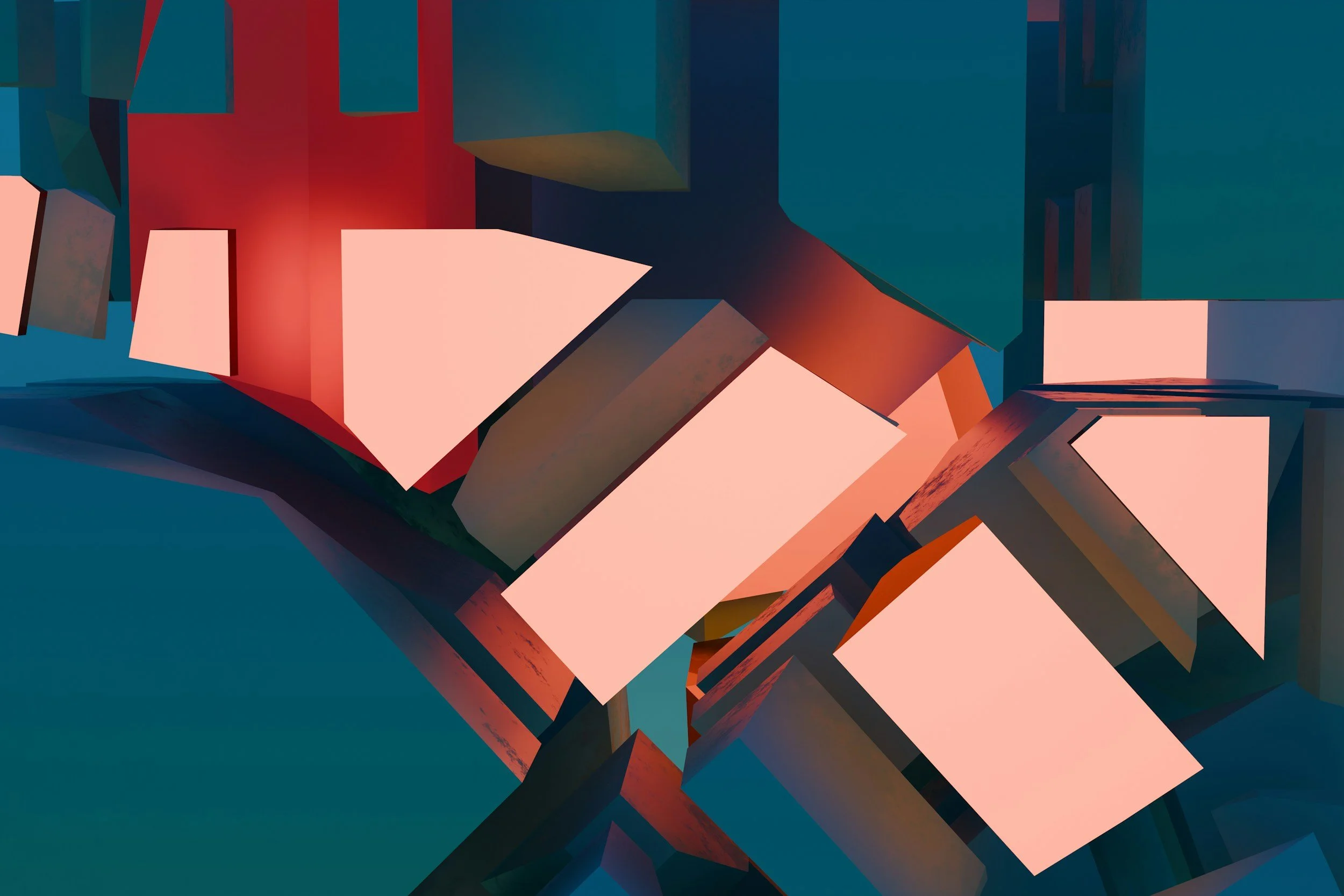 Abstract digital artwork with geometric shapes in shades of blue, pink, and red.