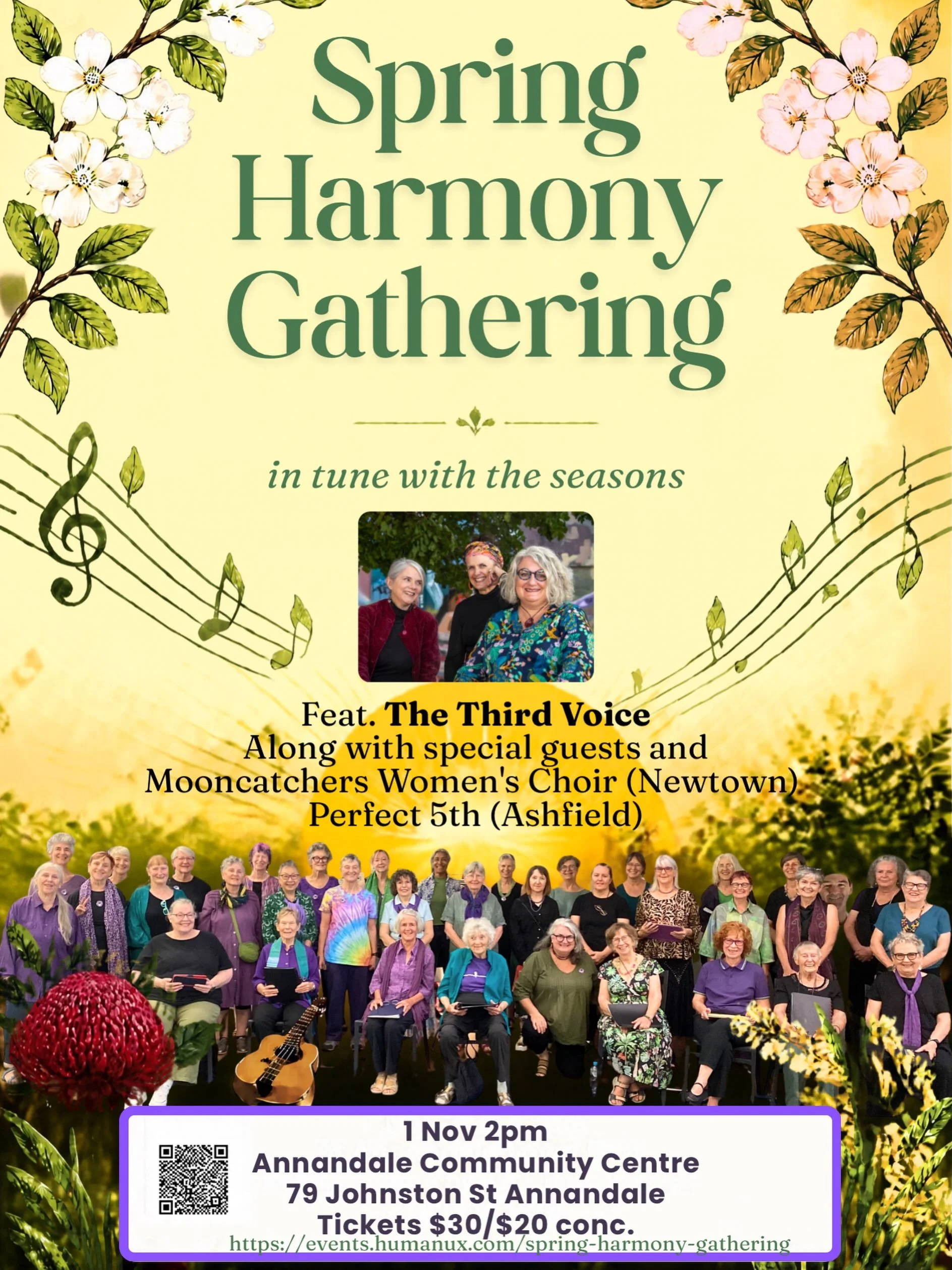 Join us for the Spring Harmony Gathering!
https://events.humanitix.com/spring-harmony-gathering

Hosted by female vocal trio The Third Voice along with other local artists including community choirs Mooncatchers Women&rsquo;s Choir (Newtown) and Perf