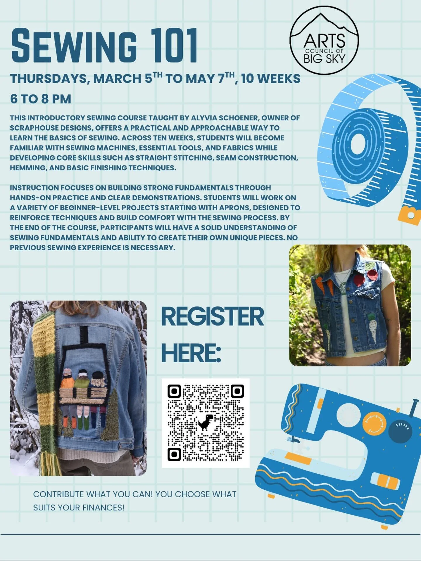 I am teaching an introduction to sewing class with @bigskyarts ! Over the course of 10 Weeks students will learn basic skills such as mending, hems, pleats, and so much more! Your machine skills will be put to the test by making aprons and patchwork 