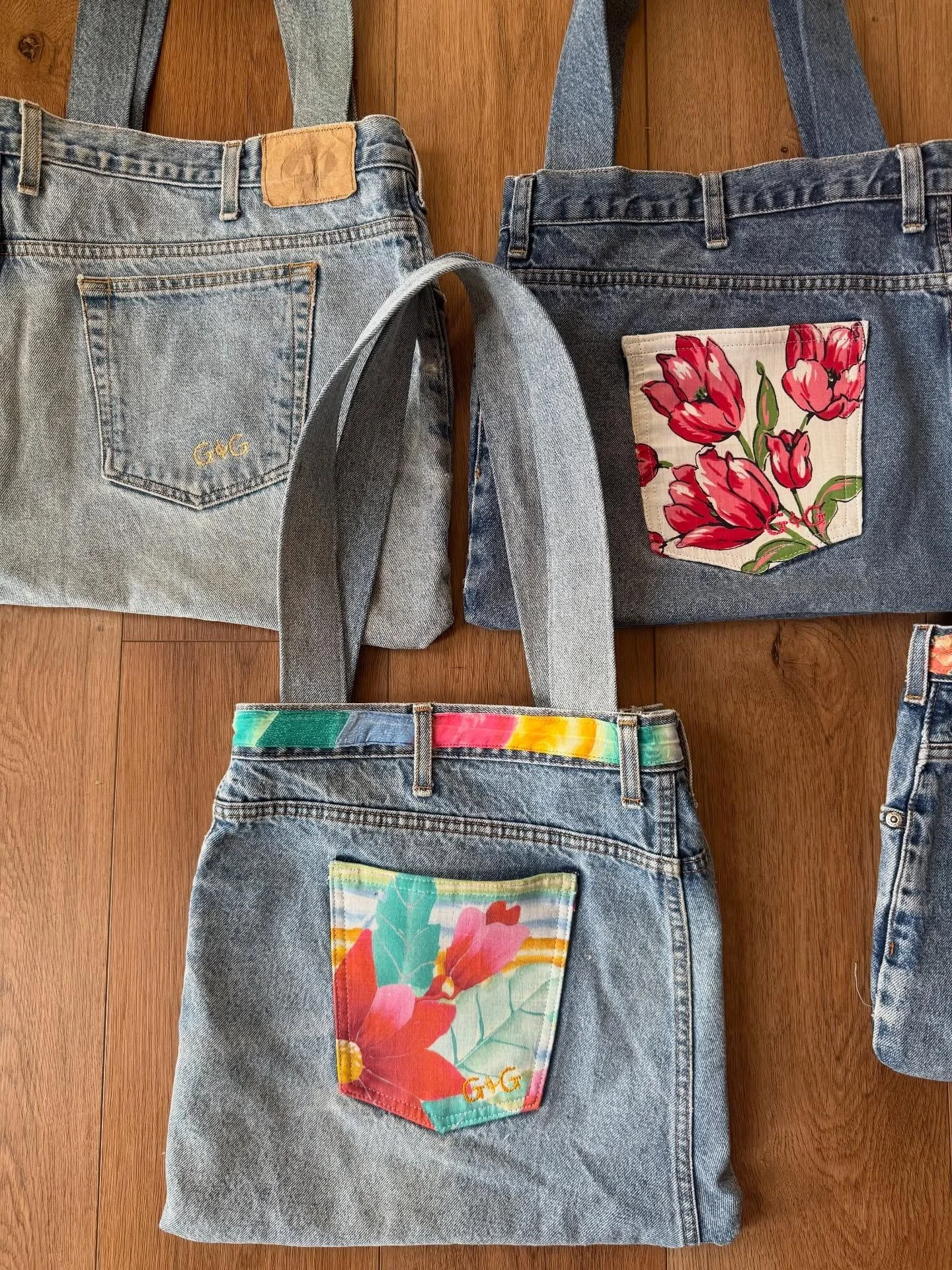 Just completed my largest custom order ever! 
I was given the special task of upcycling a loved one&rsquo;s 13 pairs of jeans and handkerchiefs. 
I was able to make my first official quilt, 4 sets of 22&rdquo; pillows, and 4 tote bags. Leaving behind