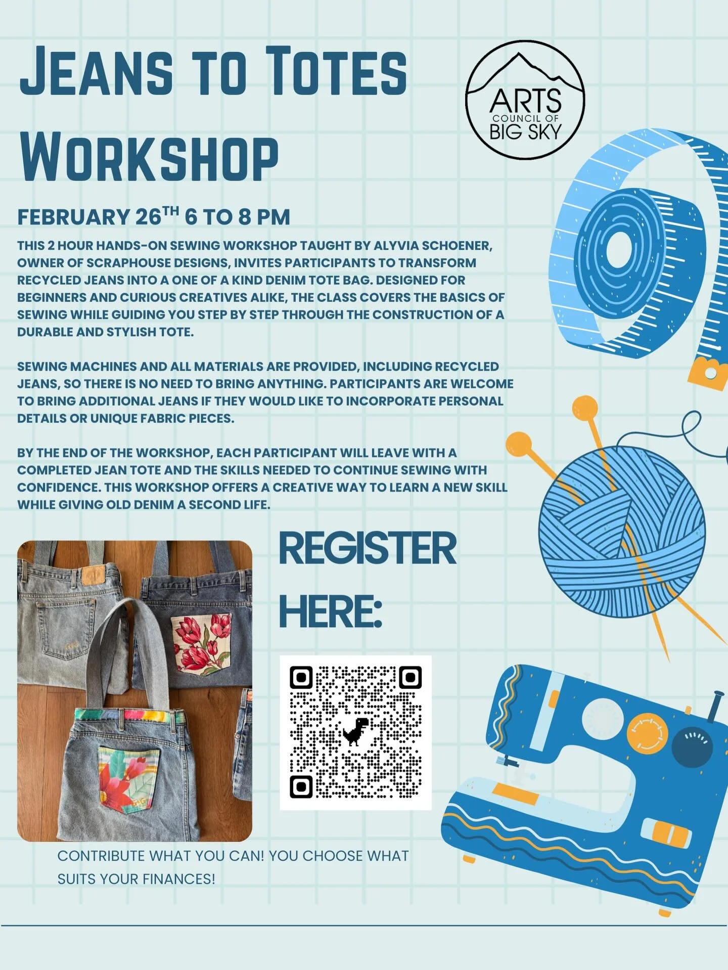 Hi Friends! I am teaching my first sewing workshop with @bigskyarts at the end of February! This workshop is open to all levels and requires nothing but your creativity! I will be demonstrating how I make my famous denim tote bags because who doesn&r