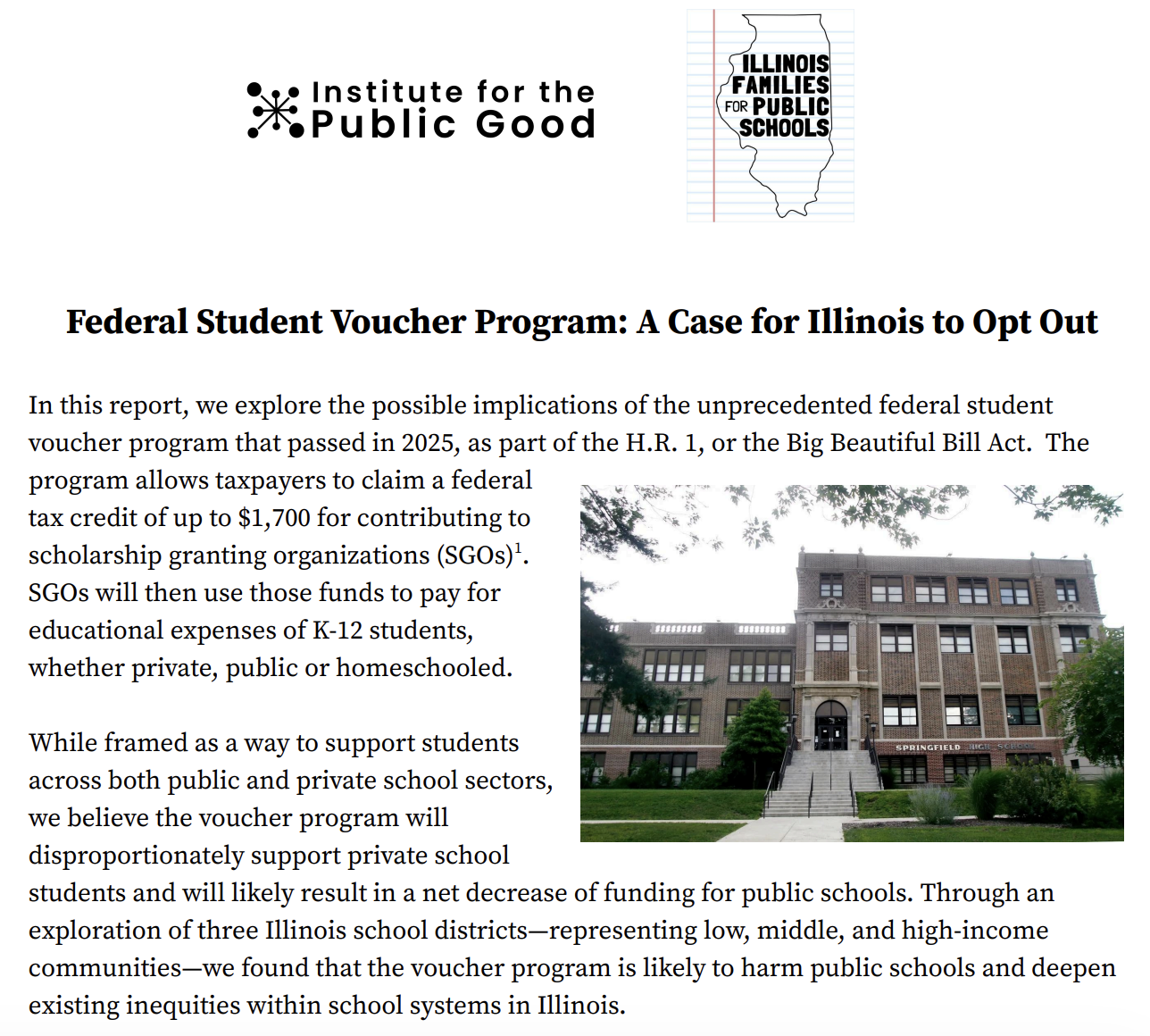 New Case Study of Illinois School Districts Shows Public Schools Stand to Lose Funds Under Federal Voucher Program: Report Recommends Illinois Opt Out