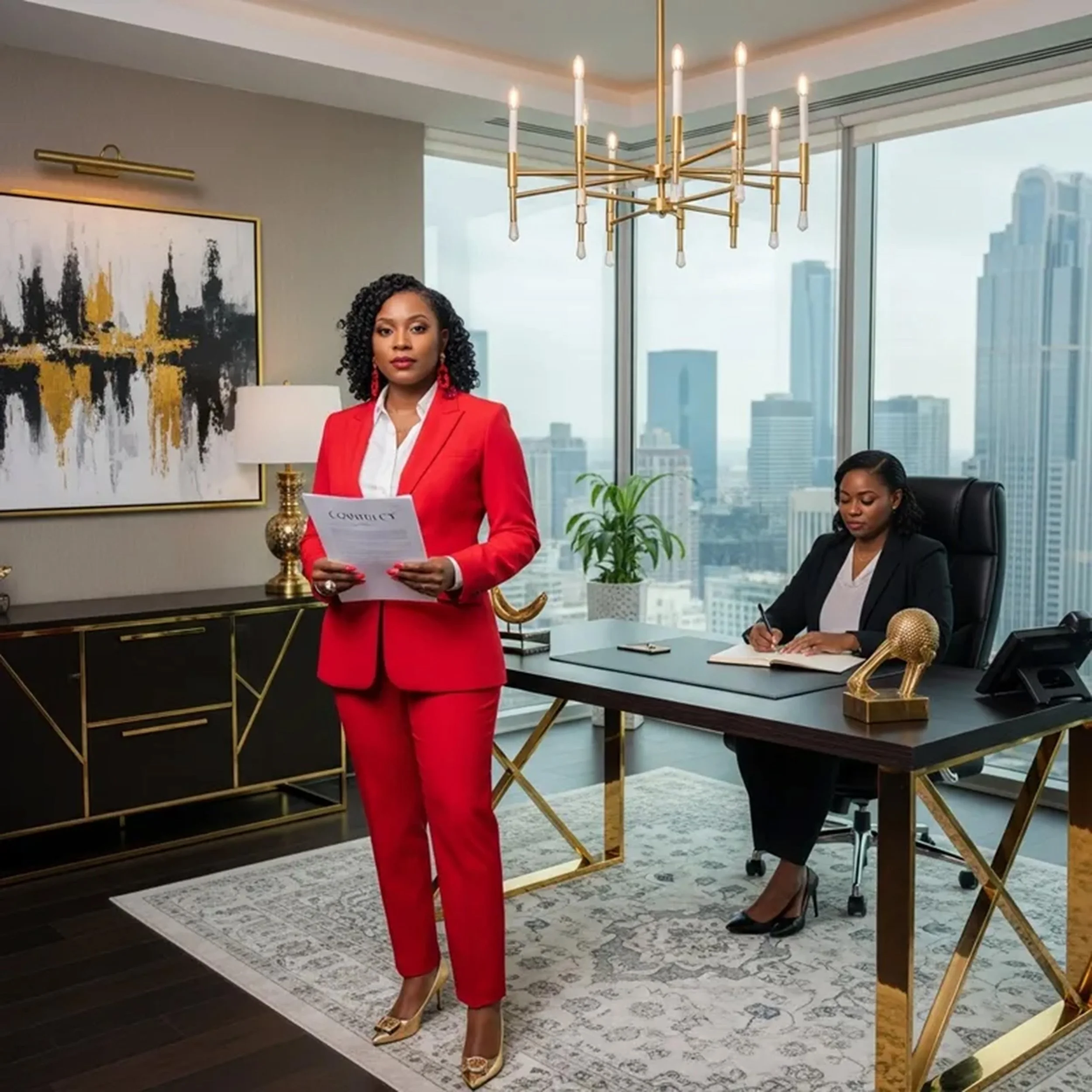 Two professional women in an office with floor-to-ceiling windows. One woman, wearing a red suit, stands holding a document, while the other woman, in a black suit, sits at a desk writing on a notepad.