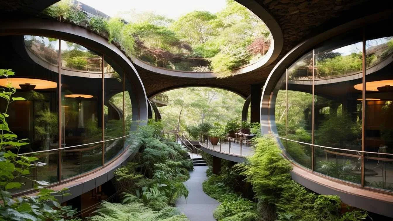 Modern building with large glass windows and curved design surrounded by lush green plants and trees.