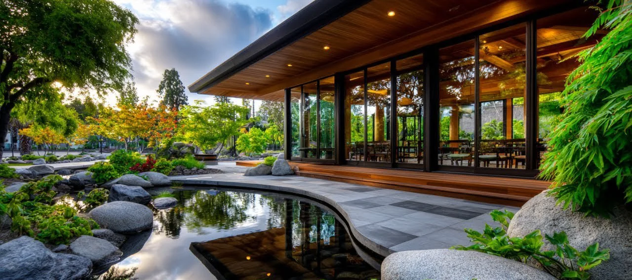 Modern house with large glass windows surrounded by lush green trees and rocks, with a pond in the foreground.