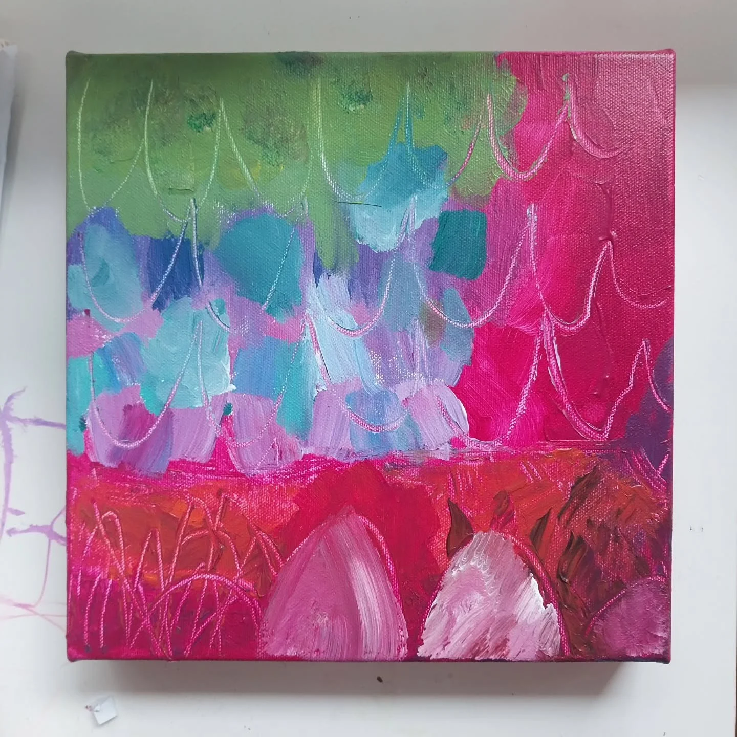 First painting of 2026! Loving painting on canvas this year. The paint stays wet for much longer than on paper so I get to play around with marks and scratchings. So much fun!

Haven't landed on a name for this one yet. Any ideas?

#abstractart 
#con