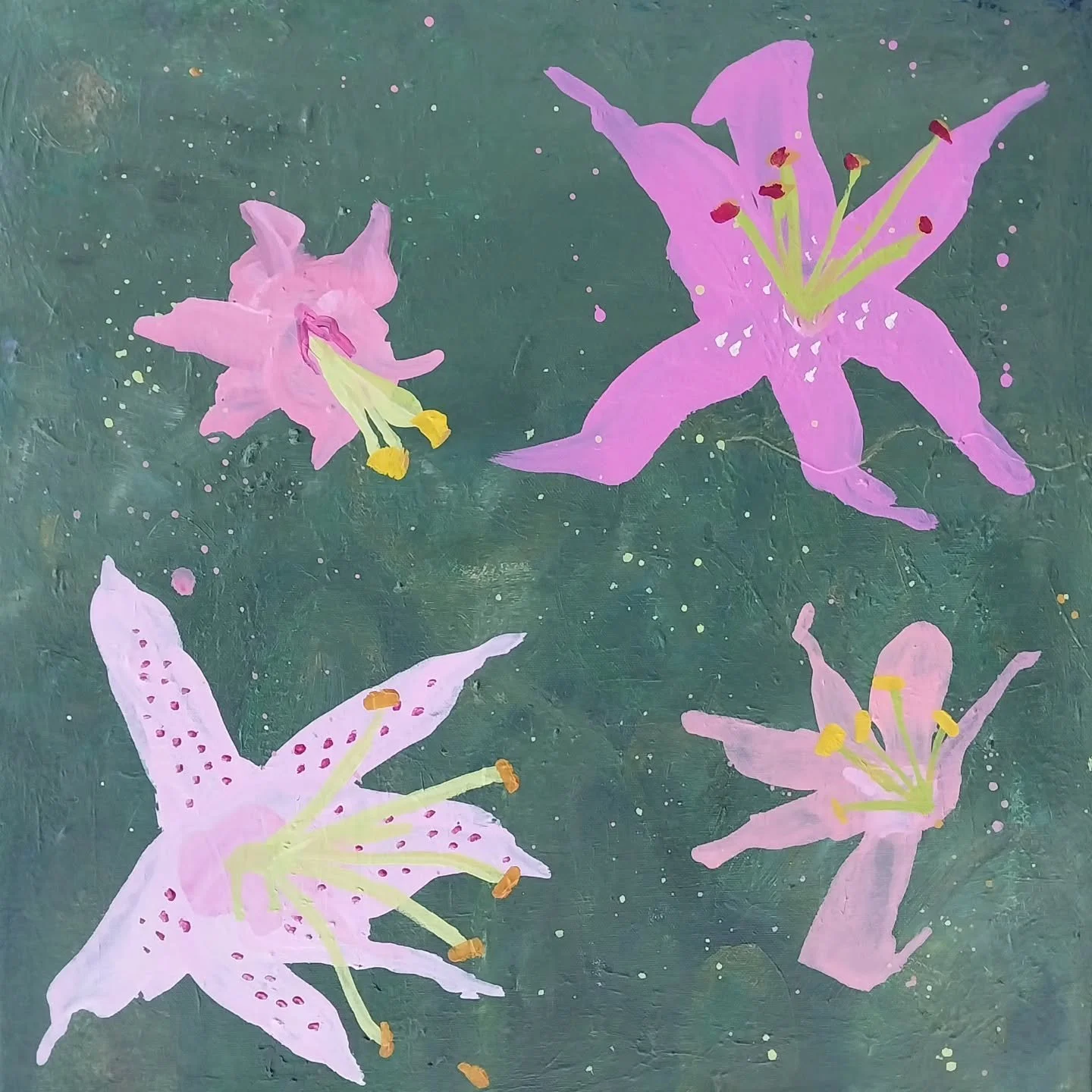 My biggest challenge with abstract art is knowing when to stop. I often add so much more than this... but I'm loving the simplicity of the green and pink here. I think it's done! Four orientals. Which one are you?

#floralabstract 
#contemporaryart 
