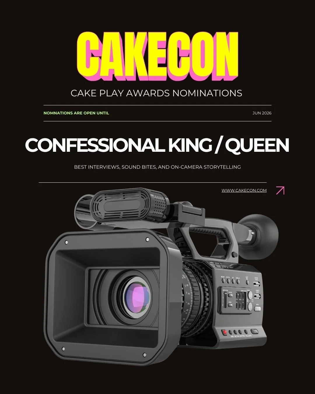 CakeCon Cake Play Awards Confessional King or Queen nomination graphic representing the best interviews, sound bites, and on-camera storytelling in baking television.