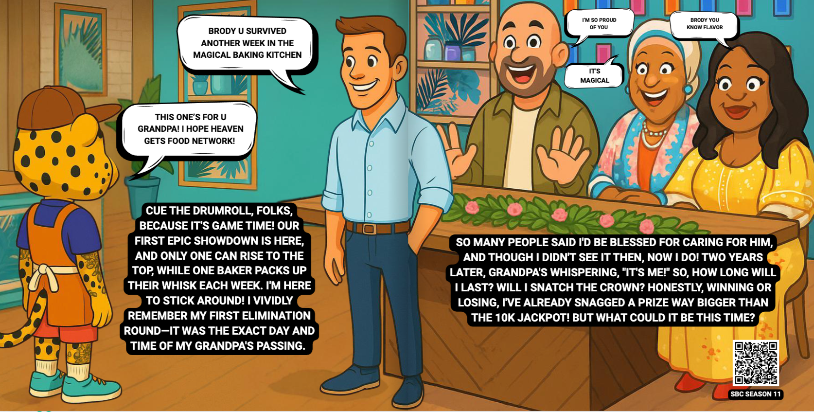 Animated scene inspired by Spring Baking Championship. A cartoon leopard character named Brody stands near a TV that reads, “Brody u survived another week in the magical baking kitchen.” A speech bubble from Brody says, “This one’s for u Grandpa!