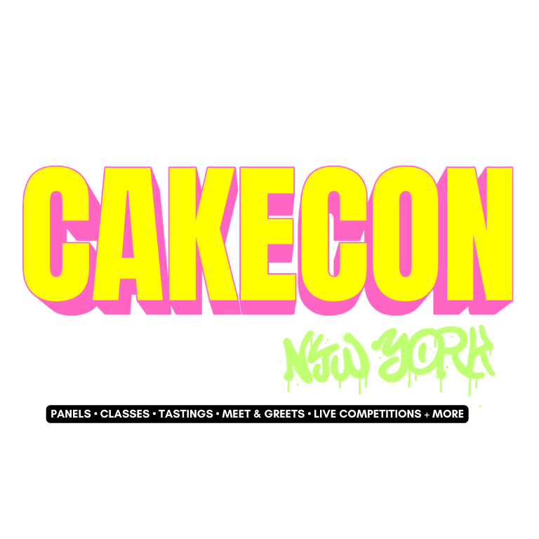 Event poster for CakeCon, a baking competition show experience in New York scheduled for August 2026. The poster features large, colorful text with event details.