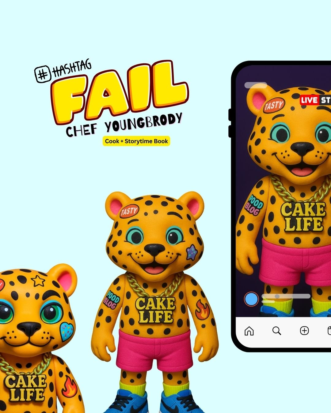 Cover of a children's book titled '#Hashtag Fall' featuring a colorful cartoon cheetah character with tattoos, wearing pink shorts and sneakers, with a backdrop of a smartphone screen displaying the same character.