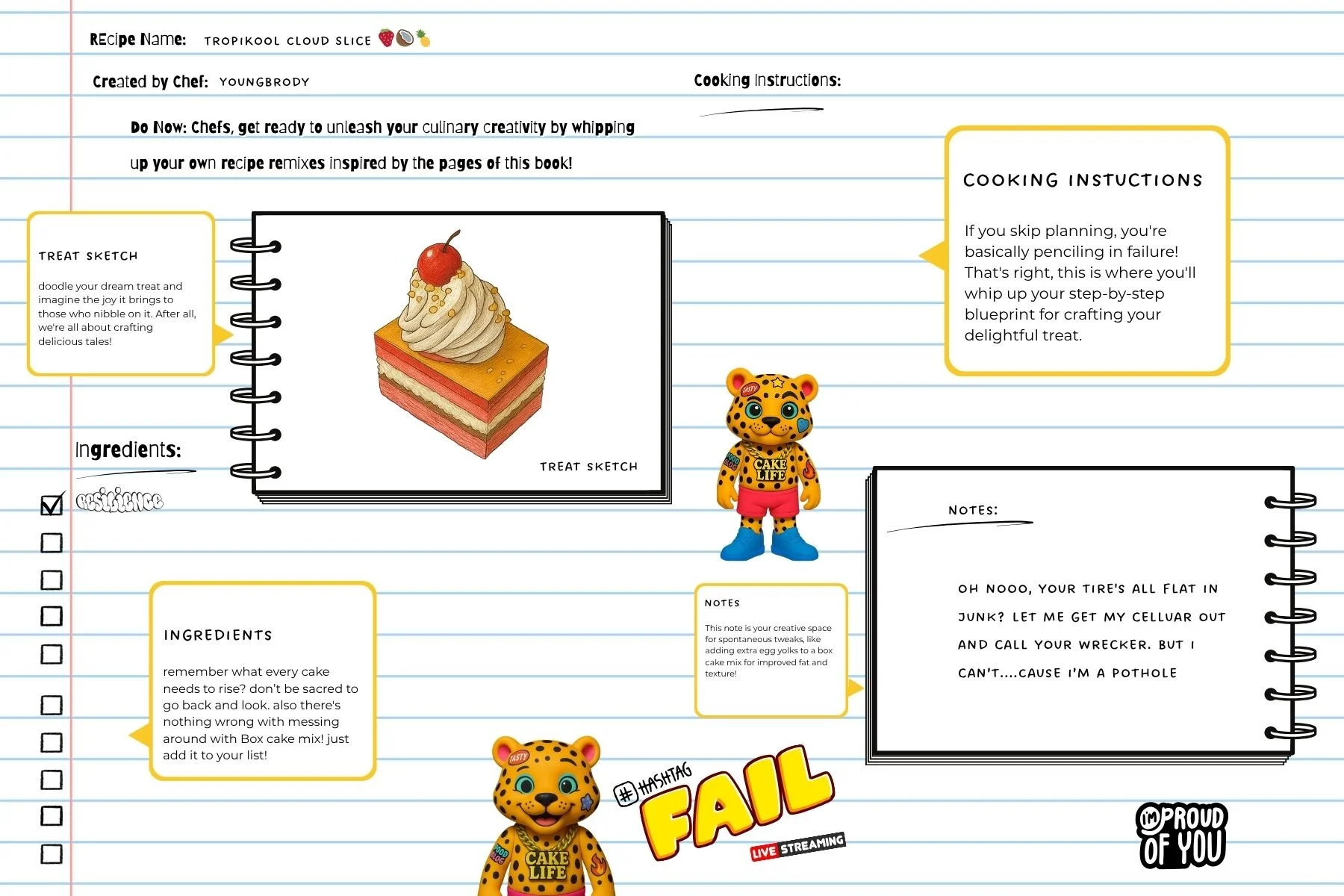 A colorful, illustrated recipe page for a Tropikool Cloud Slice cake, featuring a photo of the layered cake with whipped topping and cherry, sticky note sections with tips, cartoon cheetah characters, and various handwritten notes and instructions.