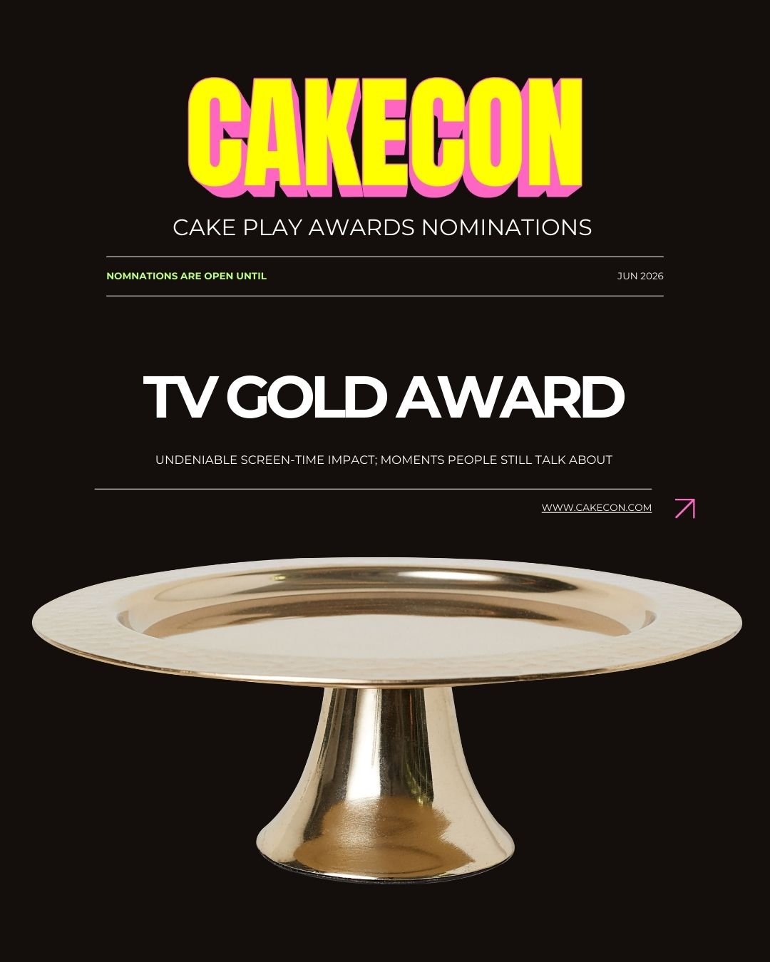 CakeCon Cake Play Awards TV Gold Award nomination graphic celebrating iconic screen-time moments in baking television.