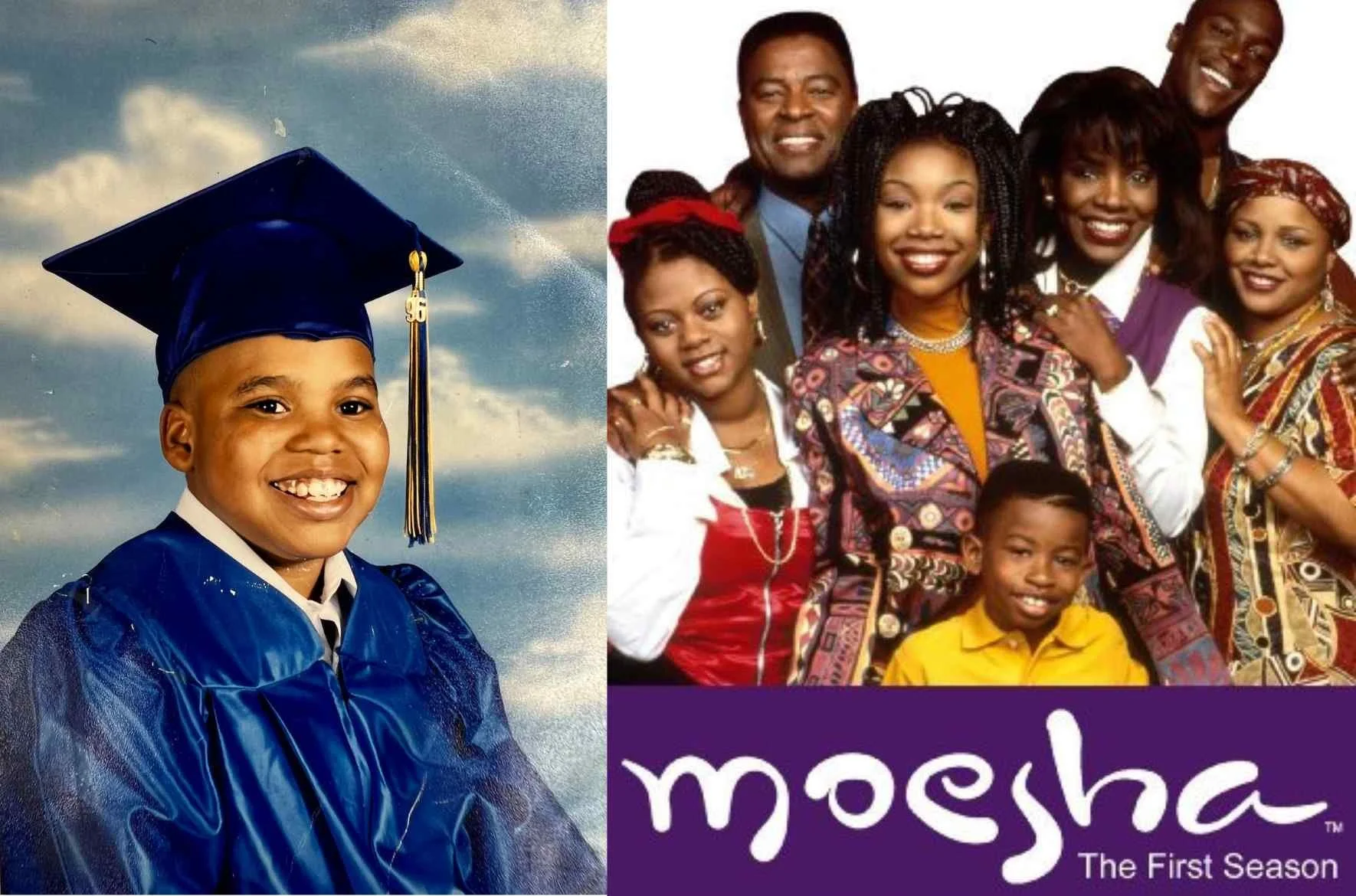 Kareem Youngblood as a child in a blue graduation cap and gown in 1996 alongside a Moesha Season 1 image starring Brandy, representing the cultural influence of 1990s Black television and music during his childhood.