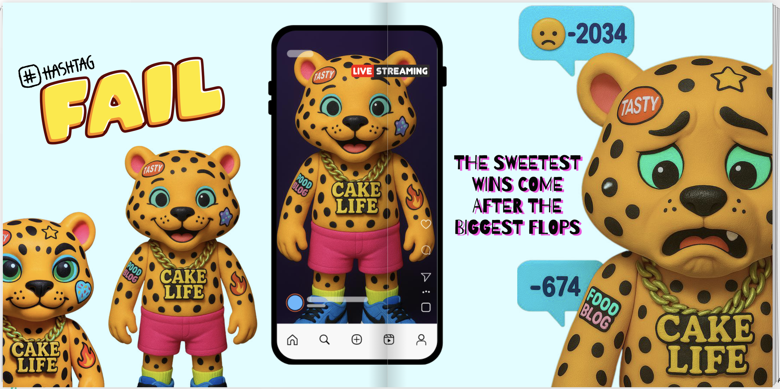 Colorful graphic with cartoon cheetah character wearing pink shorts, blue shoes, and gold chain, with various stickers and text, shown as if being streamed live on a smartphone. The background includes humorous messages about failure and success, wit