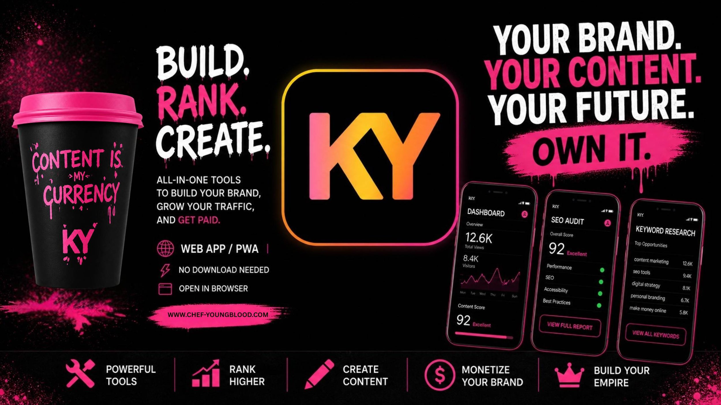 A bold black and hot pink promotional graphic for the Chef Youngblood app showing a “Content Is Currency” coffee cup, KY logo, mobile app screens for dashboard, SEO audit, and keyword research, plus the message “Build. Rank. Create.”