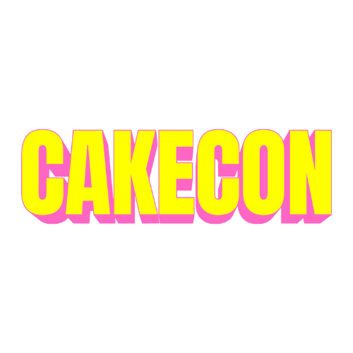 Text reading 'CAKE CON' in large yellow and pink letters on a black background.
