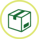 Icon of a cardboard box with tape, enclosed in a green circle