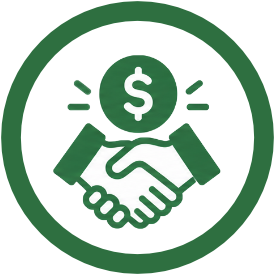 Icon of two hands shaking with a dollar sign above, representing business or financial agreement.
