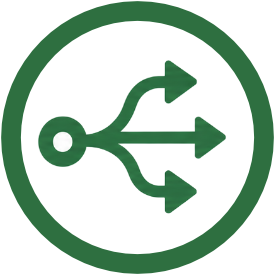 A white USB symbol with three arrows on a green circular background.