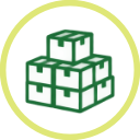 Stacked cardboard boxes with a green circular background.