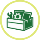 A green circular icon with a white toolbox containing various tools