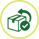 A green circular icon featuring a cardboard box with a checkmark inside a smaller circle overlapping the box.
