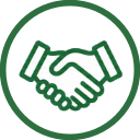 Icon of two hands shaking, outlined in green.