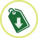Green price tag with a white downward arrow symbol