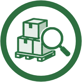 Icon of a magnifying glass inspecting stacked boxes on a pallet.