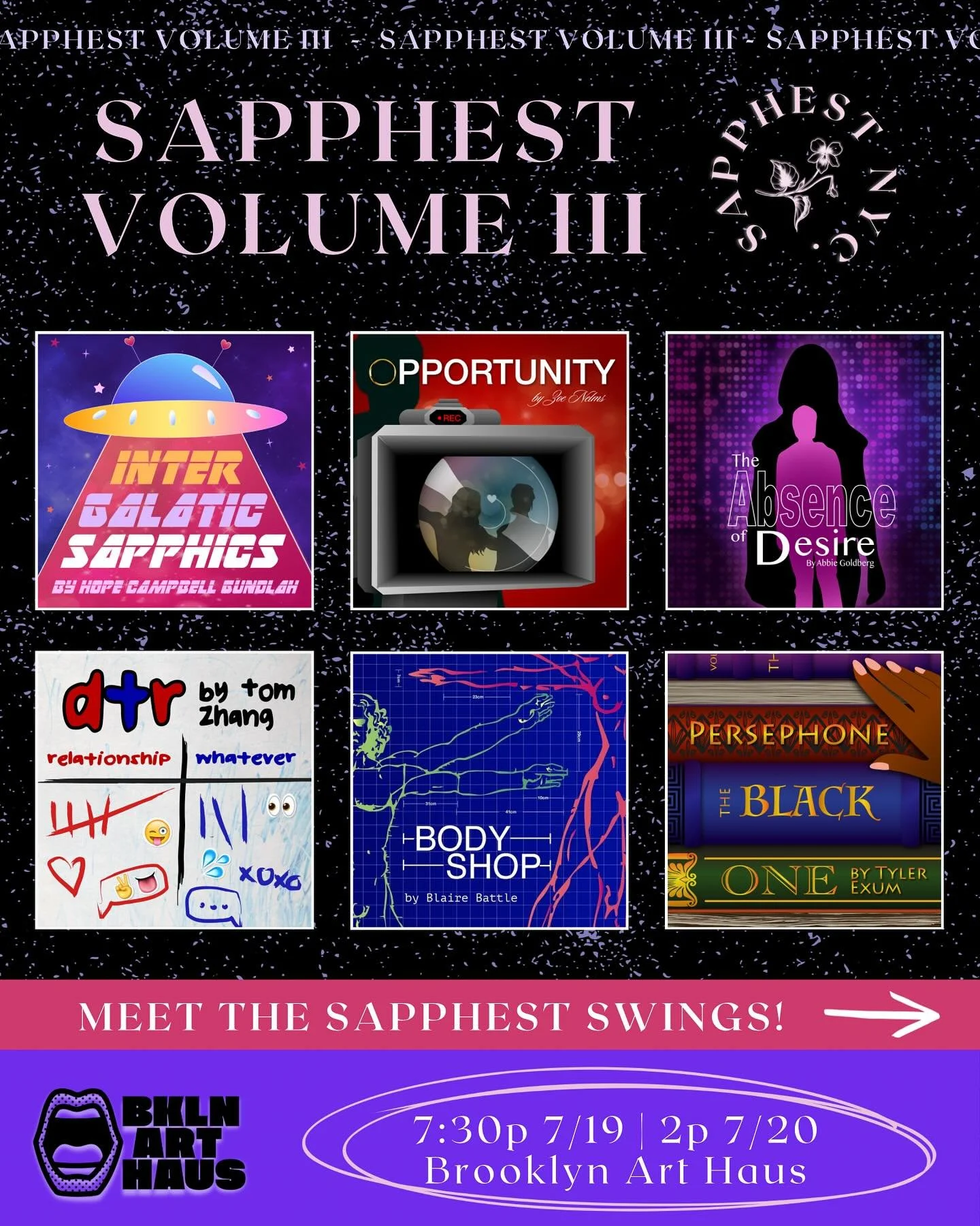 SAPPHEST SWING ANNOUNCEMENT 🚨
Meet the talented swings for SAPPHEST Volume III:
✨ Desiree Slaughter (she/they)
✨ Emily Eidman (she/her)
✨ Cheyenne Viera (she/they)
Join us on Saturday, July 19th at 7:30 PM and Sunday, July 20th at 2:00 PM at @bk_