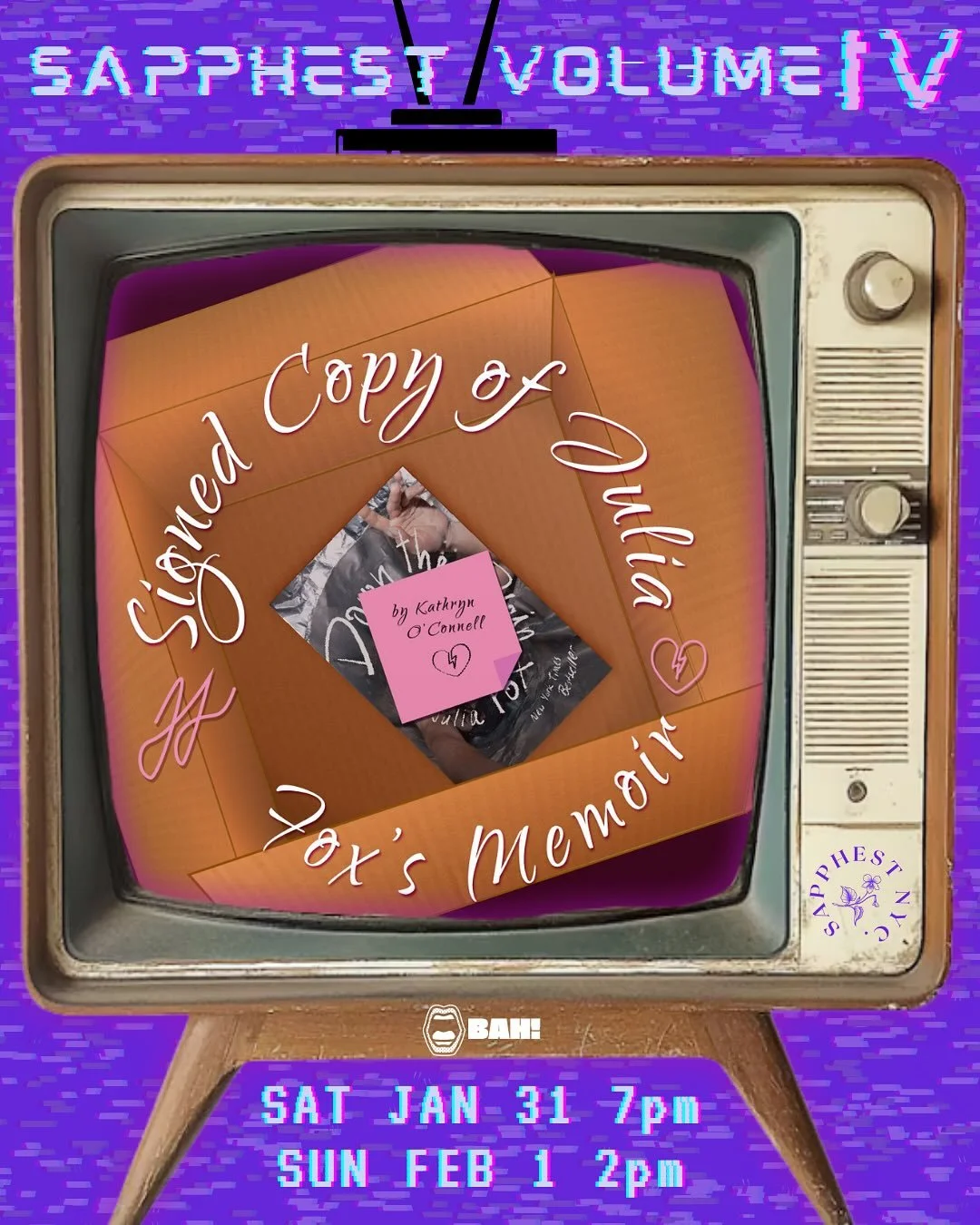 🚨SAPPHEST CAST ANNOUNCEMENT 🚨

Signed Copy of Julia Fox's Memoir by Kathryn O'Connell (she/her)
Directed by Mayah Lourdes Burke (she/her)
Featuring:
Cindy Keiter (she/her)
Aurora Lin (she/they)

✨ Join us SAT JAN 31 @ 7 &amp; SUN FEB 1 @ 2 at @bk_a