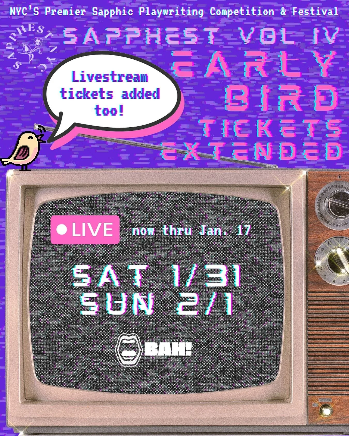 EARLY BIRD TIX EXTENDED FOR SAPPHEST IV 💜

We're so excited for you to see the FOURTH INSTALLMENT of SAPPHEST that we've decided to extend early bird tickets to JANUARY 17TH! ✨ Join us SAT JAN 31 @ 7 &amp; SUN FEB 1 @ 2 at @bk_arthaus for SAPPHEST I