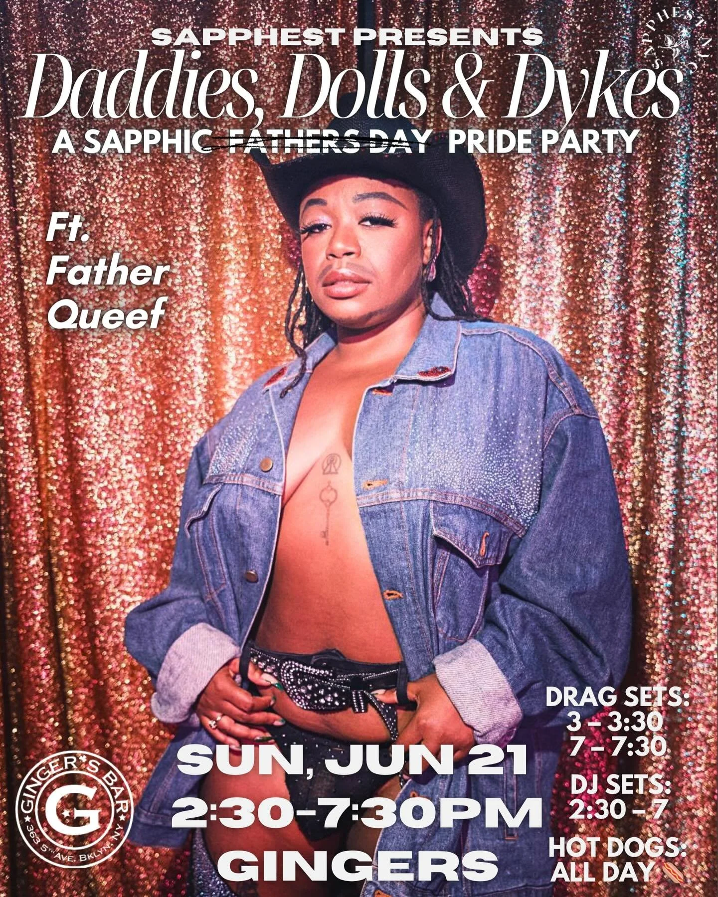 Sapphest Presents: Daddies, Dolls &amp; Dykes
A sapphic-centered pride party for the dykes, dolls, and everyone in between. 💋

Come dance, flirt, and celebrate sapphic joy with sets from your favorite daddy drag performers and sapphic DJs 💃🏽🕺🏽

