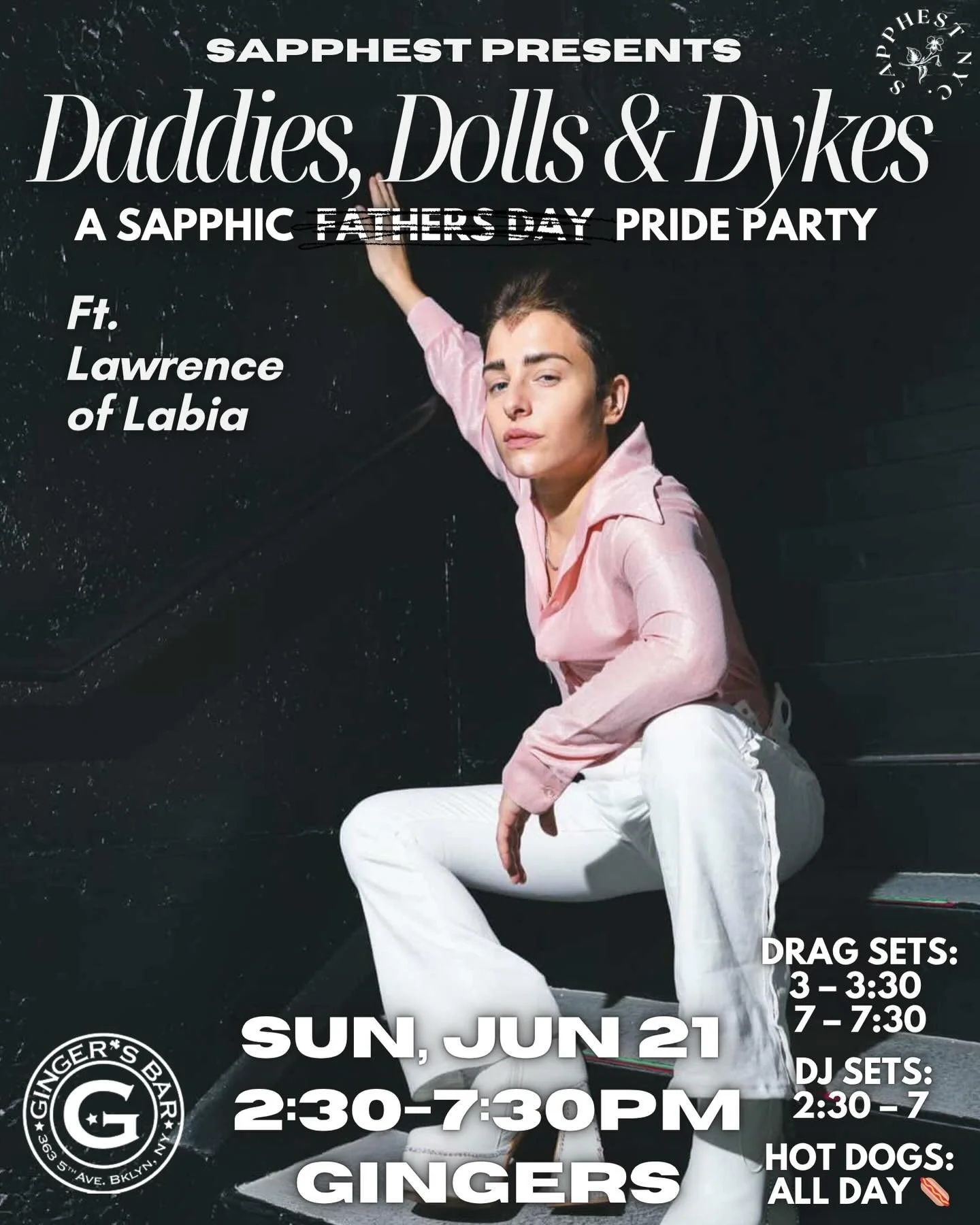 Sapphest Presents: Daddies, Dolls &amp; Dykes
A sapphic-centered pride party for the dykes, dolls, and everyone in between. 💋

Come dance, flirt, and celebrate sapphic joy with sets from your favorite daddy drag performers and sapphic DJs 💃🏽🕺🏽

