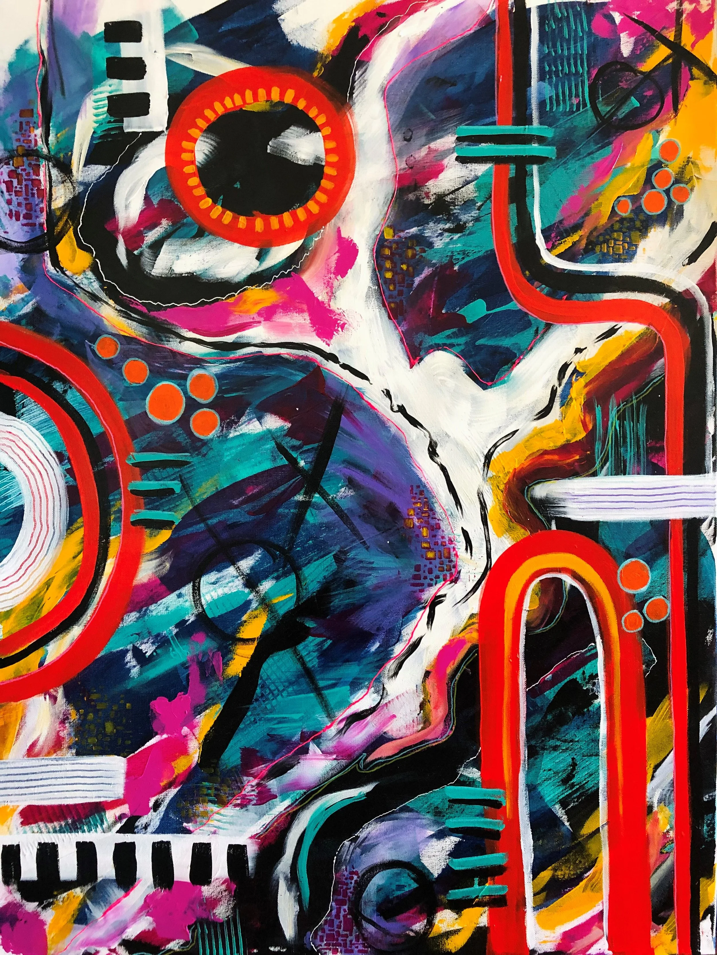 Abstract graffiti-style artwork with splashes of bright colors, geometric shapes, and bold lines. Prominent features include large eye-like shapes, circular and rectangular elements, and dynamic brushstrokes.